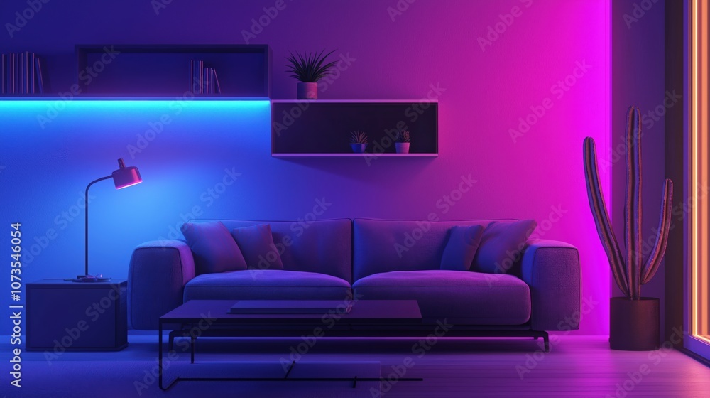 Modern living room with neon lights and a sofa in the center of the frame Modern living room with neon lights and a sofa in the center of the frame