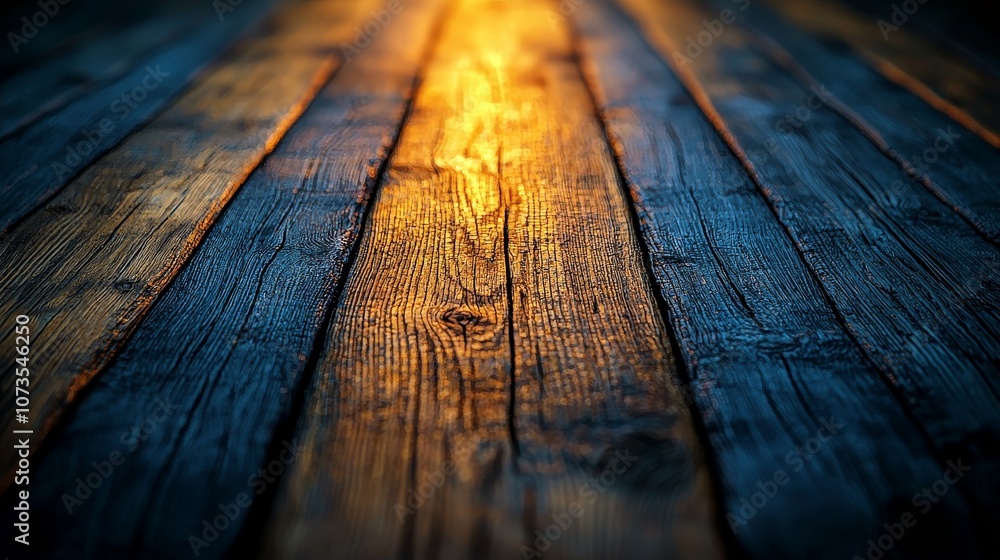 A close-up view of textured wooden planks illuminated by warm light. A close-up view of textured wooden planks illuminated by warm light.