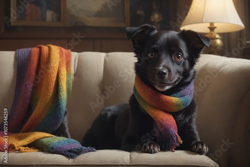 A dog on the couch in the room. A multi-colored scarf is wrapped around the dog's neck.