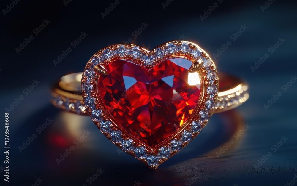 Red heart-shaped ruby gold ring with diamonds, set on a dark blue backdrop. A high-resolution close-up shot that emphasizes the ring's fine craftsmanship and sparkling details Red heart-shaped ruby gold ring with diamonds, set on a dark blue backdrop. A high-resolution close-up shot that emphasizes the ring's fine craftsmanship and sparkling details