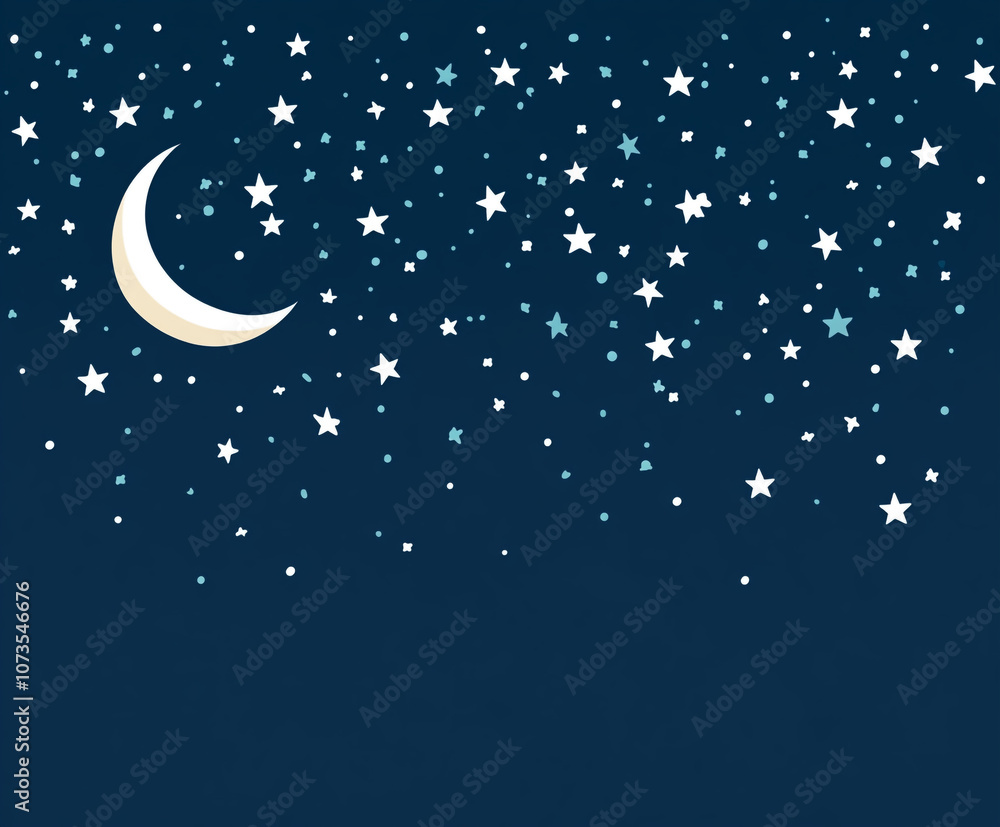 A blue background with a white crescent and many stars. The stars are scattered and hanging all over the background A blue background with a white crescent and many stars. The stars are scattered and hanging all over the background