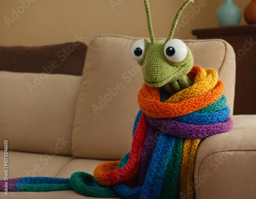 Mischievous cute caterpillar-spider-mantis hybrid in rainbow scarf on the couch.  Old-fashioned living room, highly detailed eyes. photo