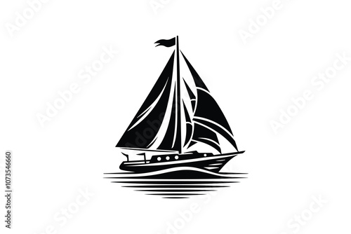 Sail boat Logo, Pirate Ship, sailing ship under the black flag, logo design template, sailboat or frigate icon. yacht. Silhouette.