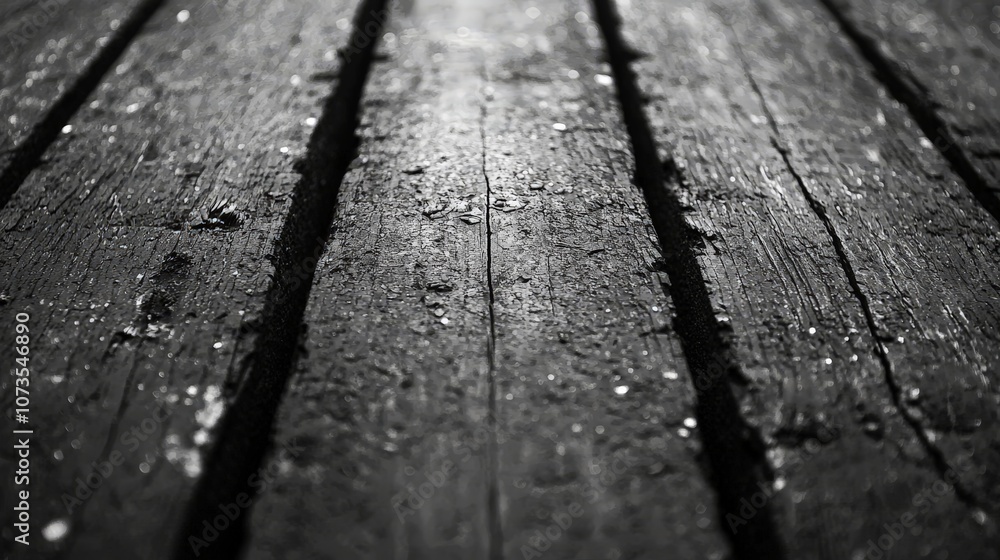 A close-up view of textured wooden planks in black and white. A close-up view of textured wooden planks in black and white.