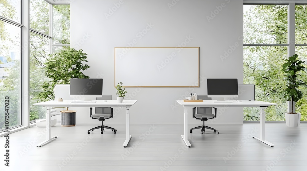 Fototapeta premium Elegant Minimalist Modern Office Interior Design with Clean White Desks Monitors and Blank Walls for Mockup Branding or Product Placement