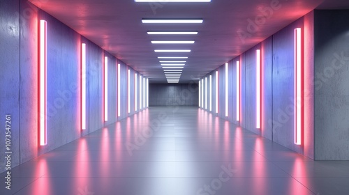 Sleek hallway with pink and blue neon lights reflecting off smooth surfaces, creating a futuristic ambiance.