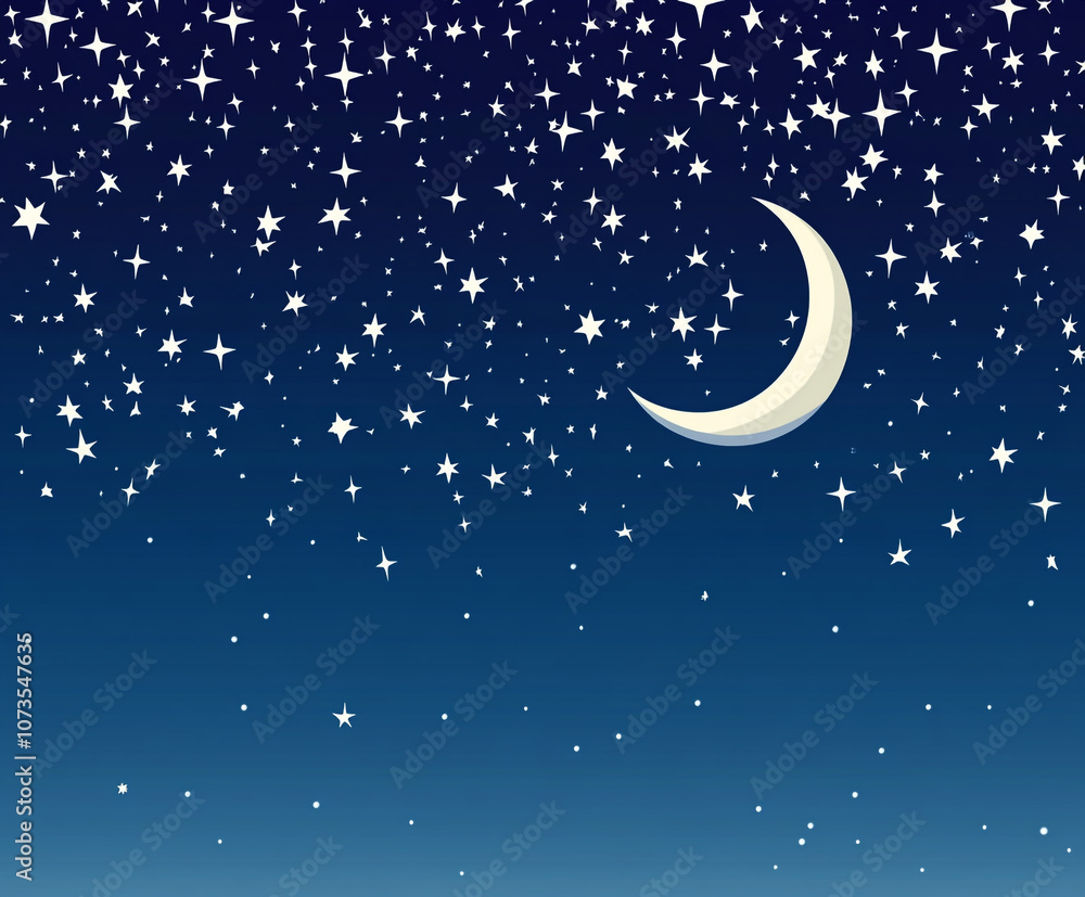 Naklejka premium A blue background with a white crescent and many stars. The stars are scattered and hanging all over the background 