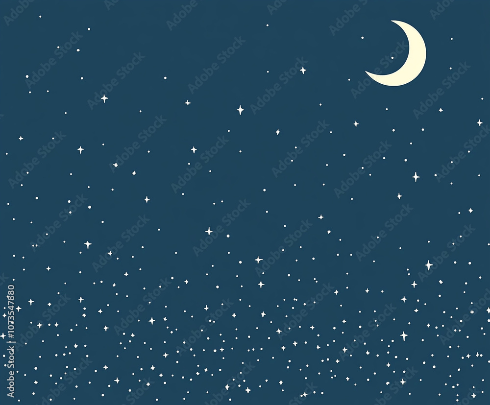 A blue background with a white crescent and many stars. The stars are scattered and hanging all over the background A blue background with a white crescent and many stars. The stars are scattered and hanging all over the background