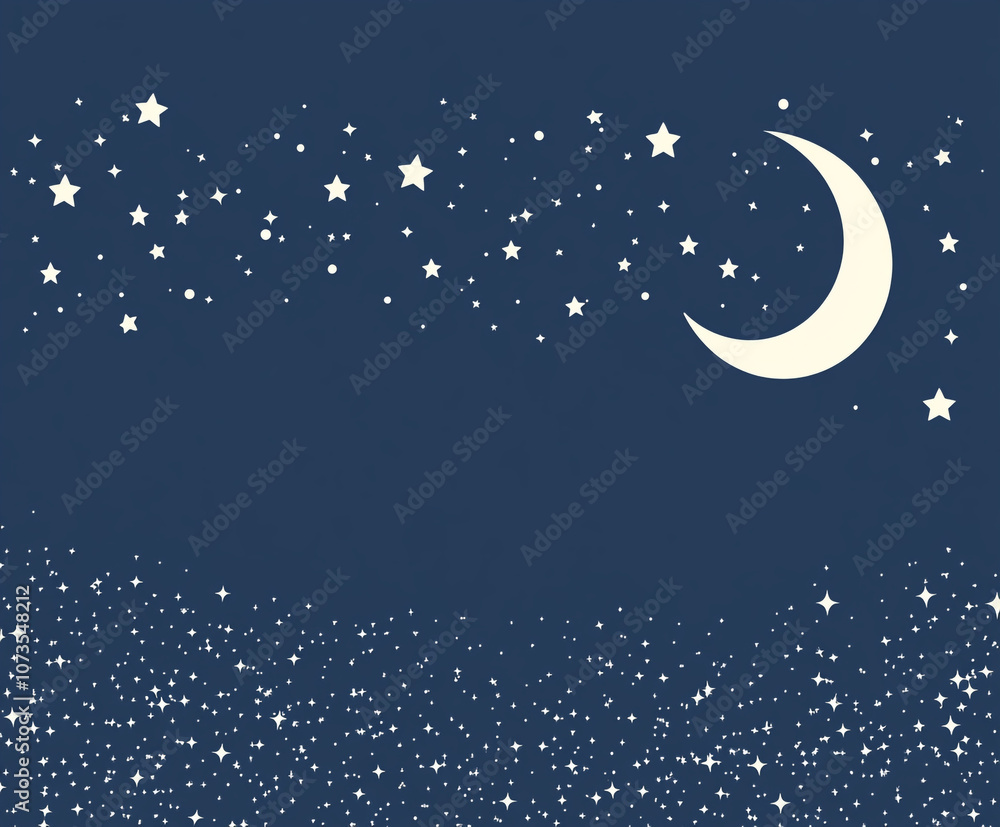 Fototapeta premium A blue background with a white crescent and many stars. The stars are scattered and hanging all over the background 