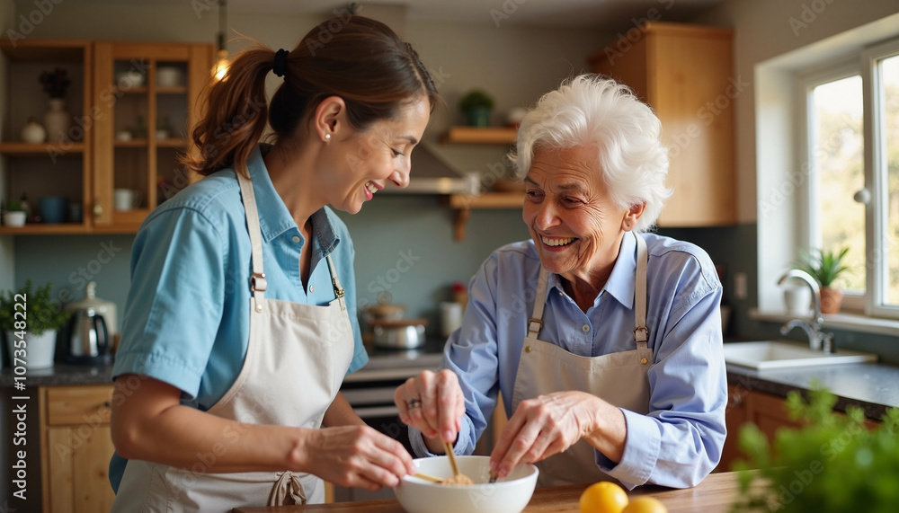Heartwarming moments in the kitchen as a caregiver helps a woman with Alzheimer's prepare a meal in a sunny home Heartwarming moments in the kitchen as a caregiver helps a woman with Alzheimer's prepare a meal in a sunny home