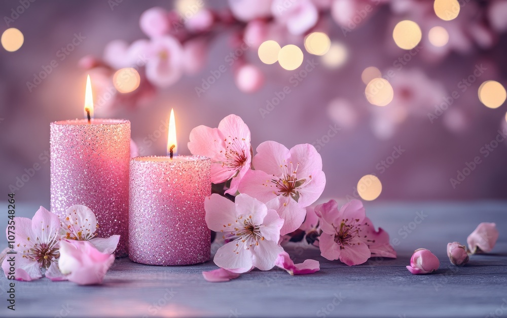 Three pink candles with glitter and flowers arranged on a grey wooden table, set against a soft spring background with bokeh lights. Three pink candles with glitter and flowers arranged on a grey wooden table, set against a soft spring background with bokeh lights.