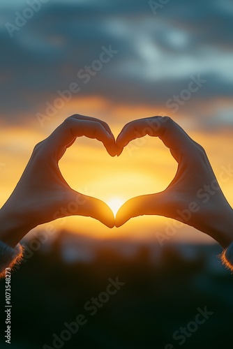 A close-up of a couple's hands forming a heart shape with the setting sun at the center, symbolizing love and connection against a soft, golden sunset sky
