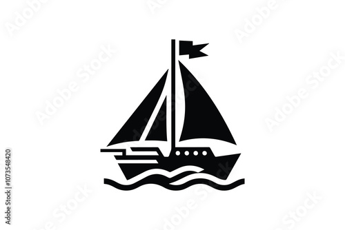 Sail boat Logo, Pirate Ship, sailing ship under the black flag, logo design template, sailboat or frigate icon. yacht. Silhouette.