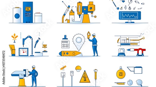 Minimalist and clean line art icons representing control inspection and assurance symbols for web and mobile application user interfaces and design systems