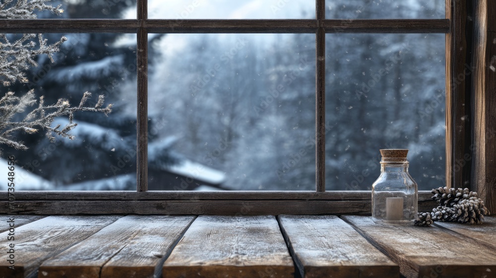 Snowy Winter Landscape Viewed Through a Window with Wooden Sill Snowy Winter Landscape Viewed Through a Window with Wooden Sill