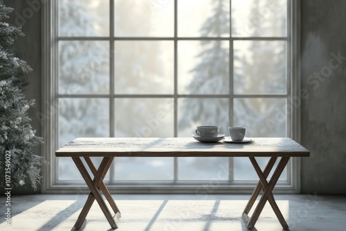 Wooden Table with Teacups S...