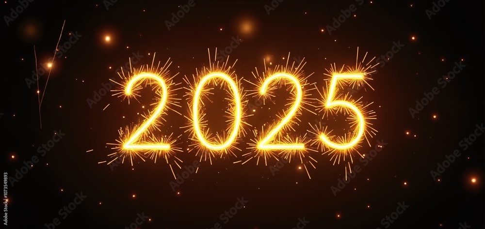 Bright and festive display of sparklers forming the year 2025 against a dark background celebrating New Year`s Eve Bright and festive display of sparklers forming the year 2025 against a dark background celebrating New Year`s Eve