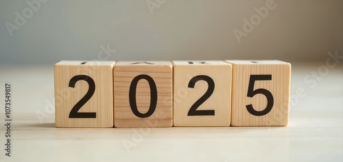 Wooden blocks displaying the year 2025 are arranged neatly on a light surface, symbolizing the upcoming New Year and future planning