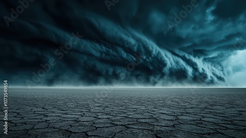 A dramatic storm cloud looms over a desolate, cracked landscape.
