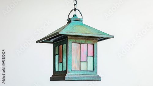 Hanging lantern with a green patina finish on a white background photo