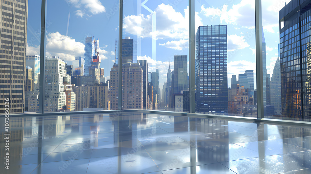 large floor-to-ceiling windows with a cityscape view. In the background, buildings stand tall against a blue sky and white clouds. The glass surface reflects other skyscrapers large floor-to-ceiling windows with a cityscape view. In the background, buildings stand tall against a blue sky and white clouds. The glass surface reflects other skyscrapers