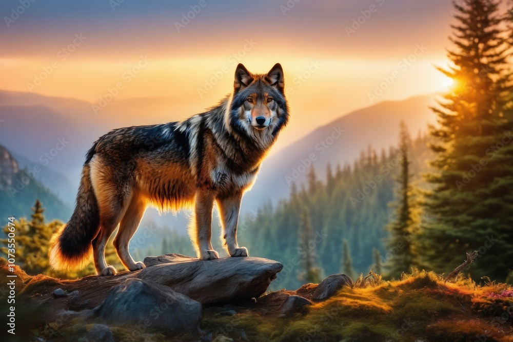 Wolf in nature in backlight. Wolf on the outskirts of the forest. Wolf in nature in backlight. Wolf on the outskirts of the forest.