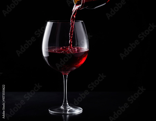 Red wine is poured into a glass. Glass of red wine on a black background.