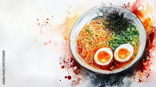 Watercolor painting of delicious ramen with soft boiled or half-cooked eggs, top view, on a white background, in the style of digital art