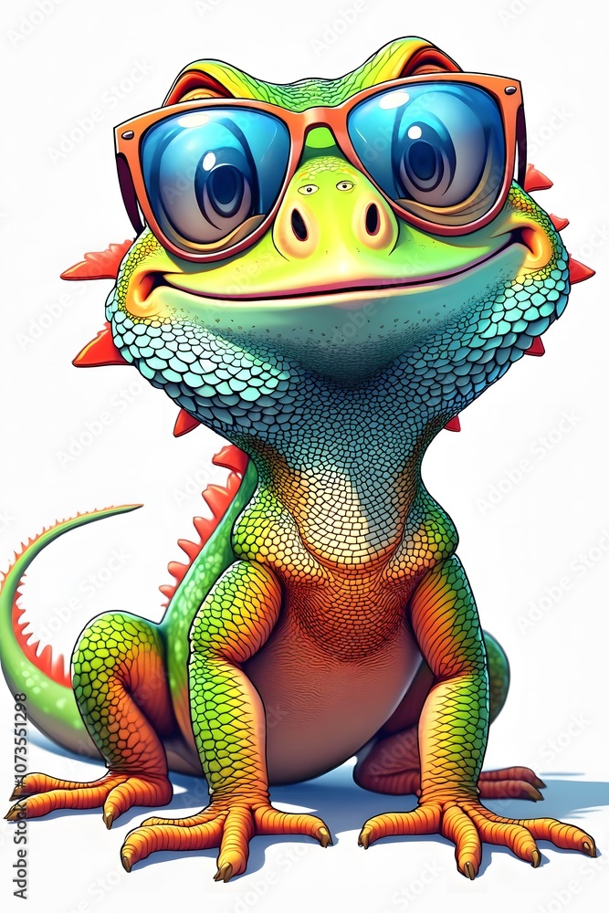 Cartoonish colorful iguana with glasses on isolated background Cartoonish colorful iguana with glasses on isolated background