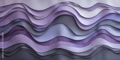 Layered abstract wave design in shades of purple, gray, and blue. Smooth, flowing shapes create a modern, three-dimensional texture with a minimalist aesthetic