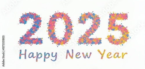 Colorful celebration of the new year 2025 with cheerful text and vibrant patterns expressing joy and optimism for the coming year