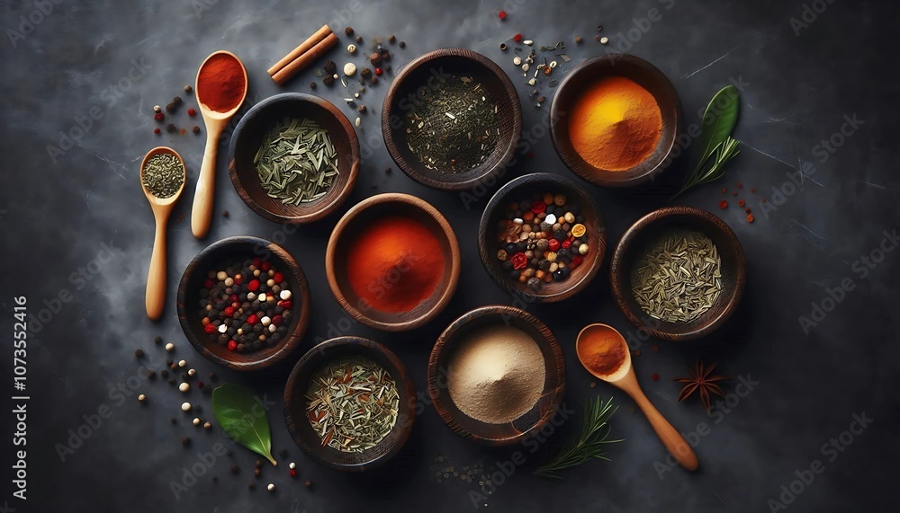 An overhead, top-down photo of a small group of wooden bowls on a dark grey marble surface. Each bowl should be filled with colorful herbs and spices. An overhead, top-down photo of a small group of wooden bowls on a dark grey marble surface. Each bowl should be filled with colorful herbs and spices.