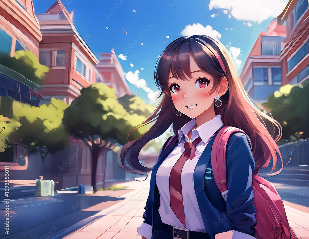 Manga Mädchen als Schülerin mit Rucksack