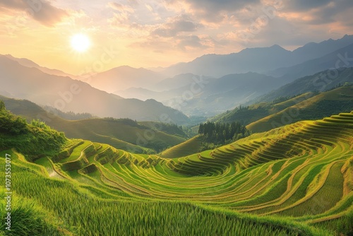 Picturesque Rice Terraces with Mountains and Sunset photo