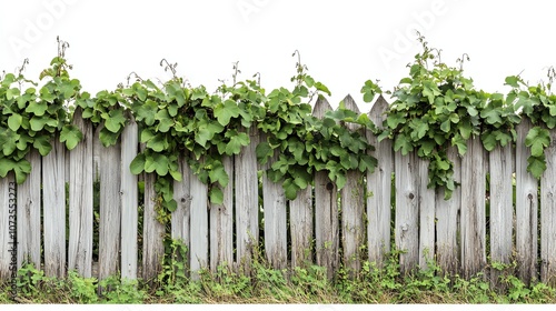 Vines growing on a rustic wooden fence, white isolated background.