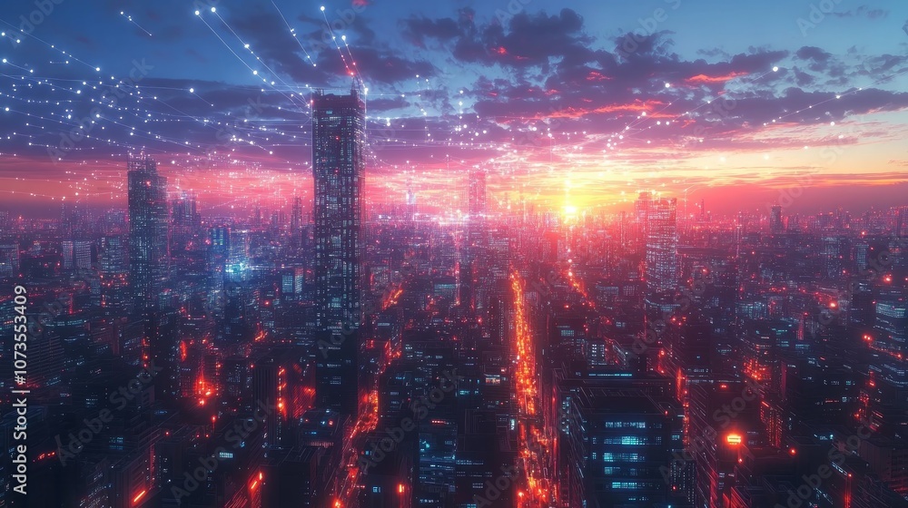 A futuristic cityscape with glowing lights and a digital network of lines connecting buildings. A futuristic cityscape with glowing lights and a digital network of lines connecting buildings.