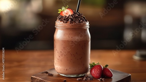 Decadent chocolate strawberry smoothie in a mason jar photo