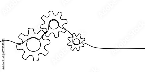 Continuous one line drawing of Setting icon isolated on white background outline vector illustration, Continuous one line drawing of machine gear. One line drawing illustration of gear wheel. Gear