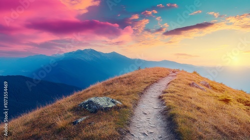 Mountain trail leading along the mountain ridge of beautiful mountains with autumn grass and colorful sky  photo