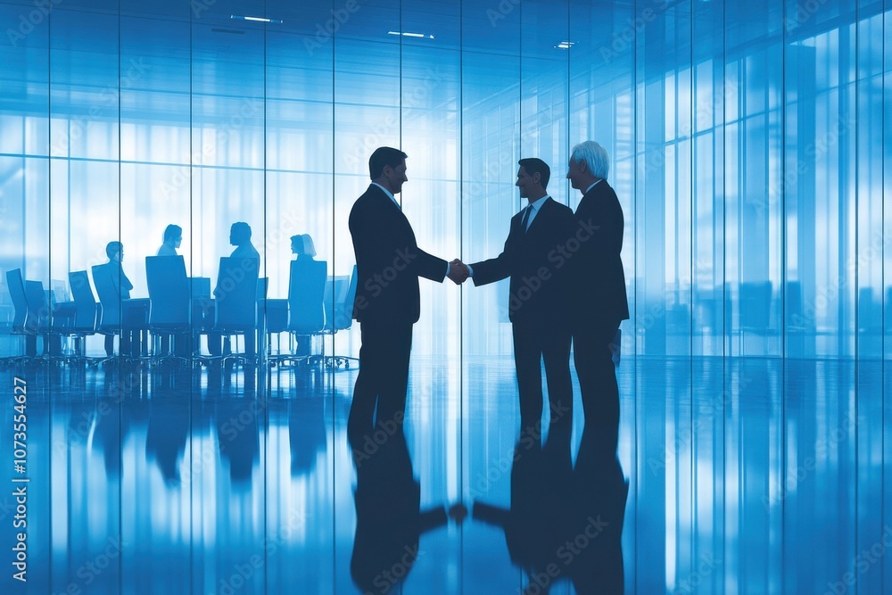 Illustration of two corporate leaders shaking hands with their teams in the background Illustration of two corporate leaders shaking hands with their teams in the background