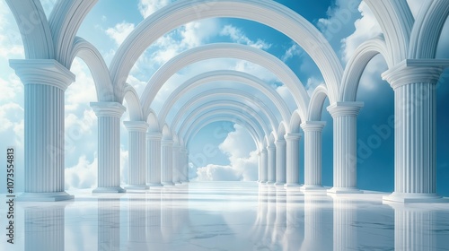 Surrealistic white arches and a blue sky background with thick clouds