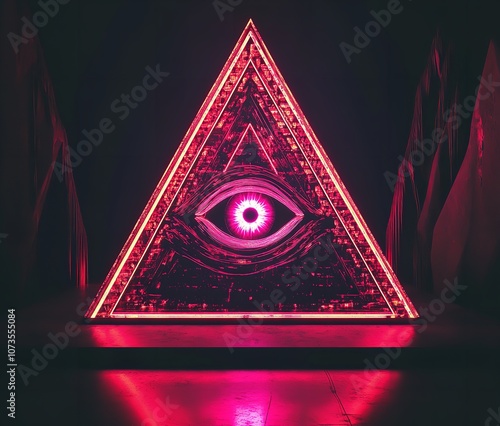 A Neon-Glowing Pyramid with an All-Seeing Eye on a Black Background

 photo