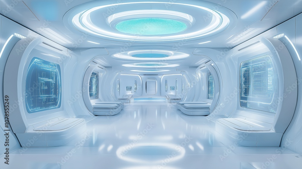 Futuristic space station interior with a white and blue color scheme Futuristic space station interior with a white and blue color scheme