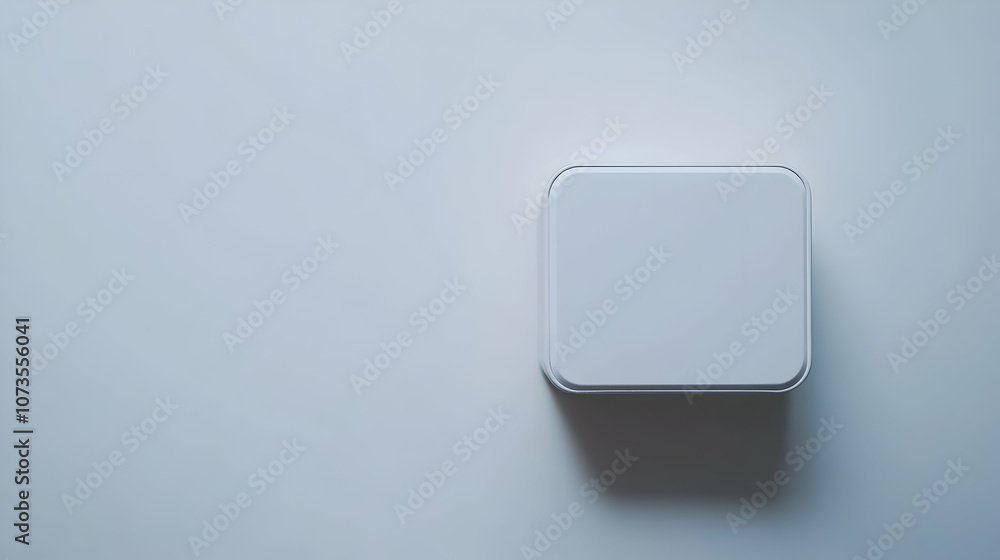 A single white square button on a white background with copy space. A single white square button on a white background with copy space.