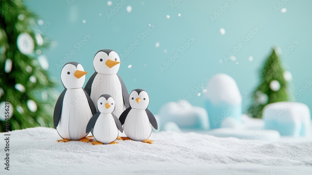 Adorable family of penguins in a snowy winter scene. Adorable family of penguins in a snowy winter scene.