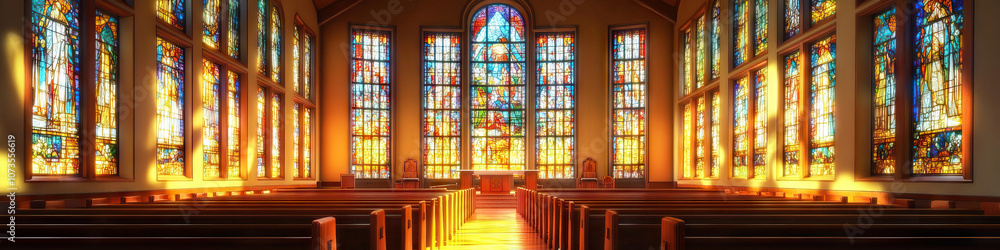 An uplifting view of a hospital chapel, with stained glass windows casting warm light onto pews filled with patients and their loved ones. An uplifting view of a hospital chapel, with stained glass windows casting warm light onto pews filled with patients and their loved ones.