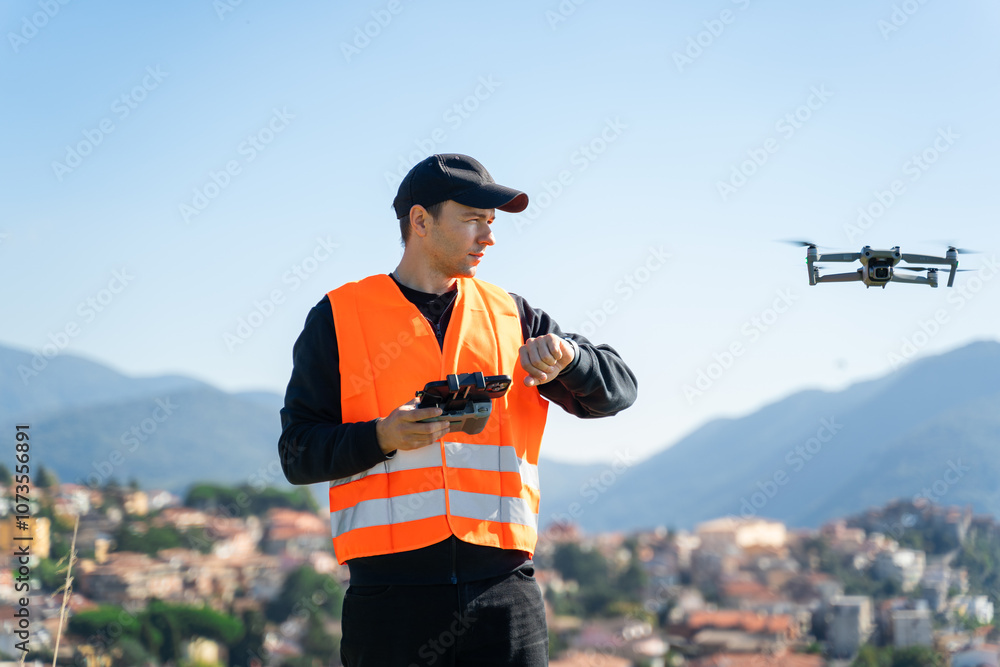 Naklejka premium Young man with modern drone in mountains, back view