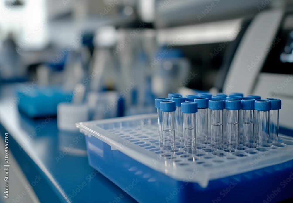 Laboratory Test Tubes In Blue Tray Close Up Laboratory Test Tubes In Blue Tray Close Up