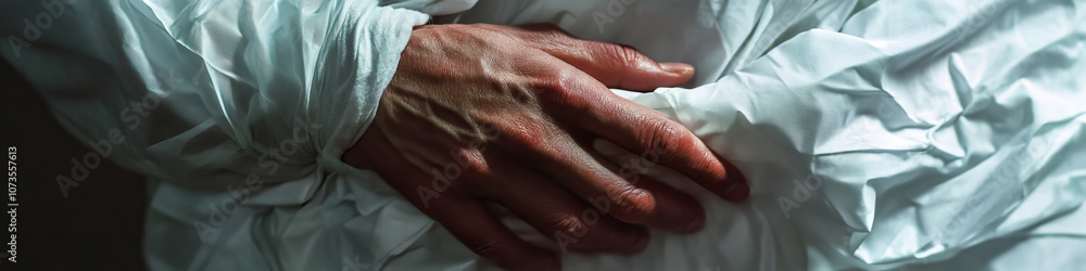 Fototapeta premium A hand clutching a crumpled hospital gown, revealing pale skin and a tense expression.