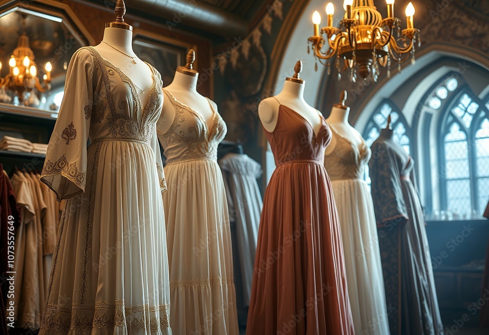 Naklejka premium Elegant Dresses on Mannequins in Vintage Shop Interior